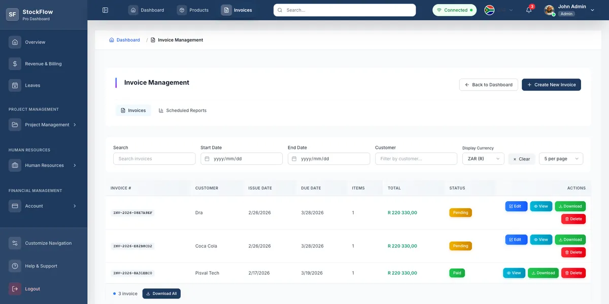 StockFlowPro dashboard showing invoice management and stock control.